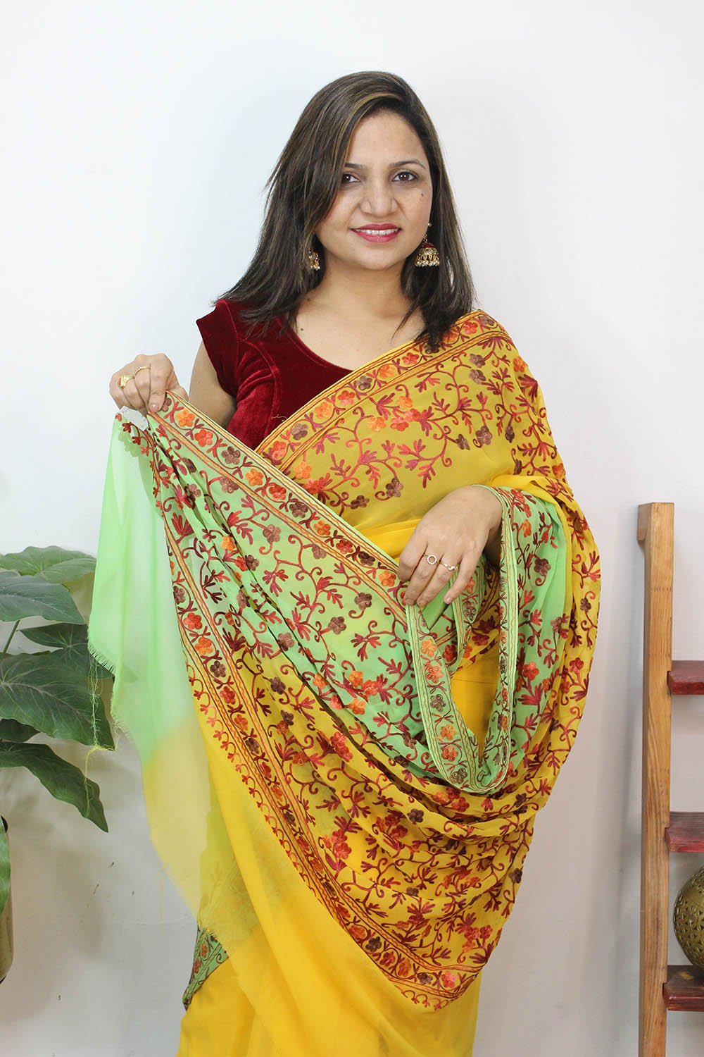 Yellow And Blue Embroidered Kashmiri Aari Work Georgette Saree - Luxurion World