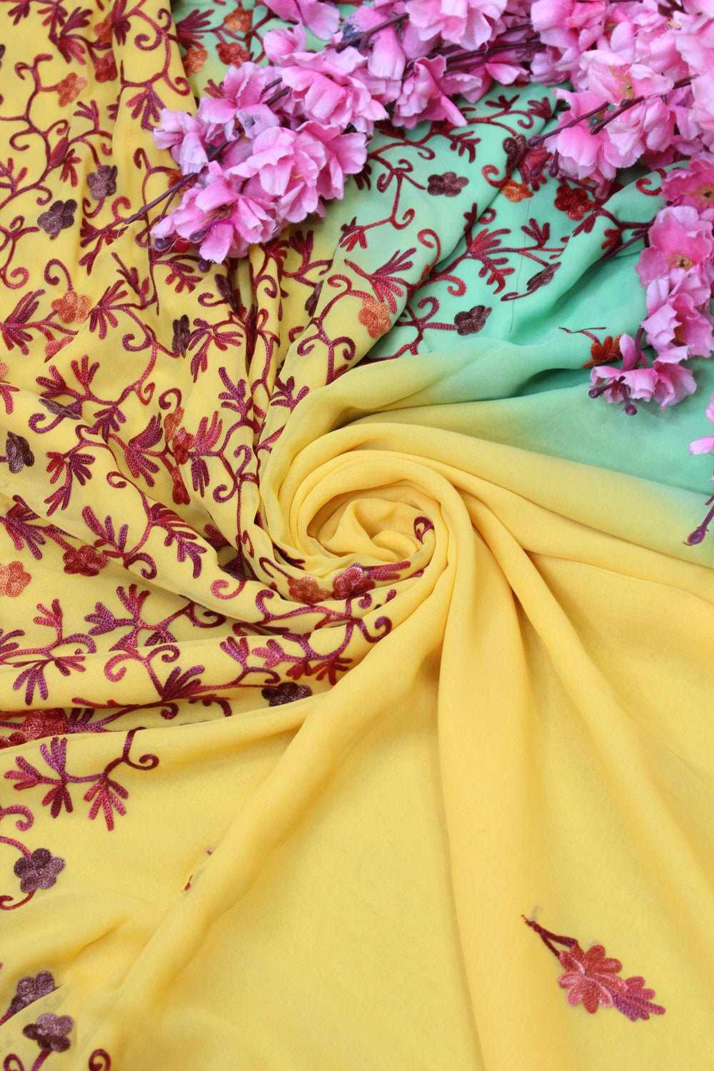Yellow And Blue Embroidered Kashmiri Aari Work Georgette Saree - Luxurion World