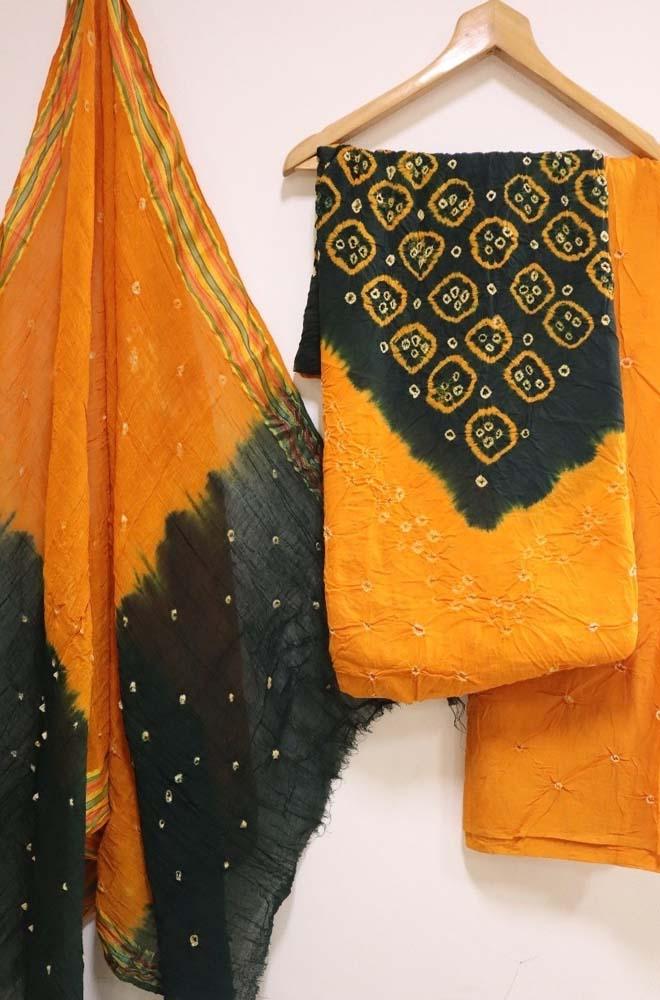 Yellow And Green Bandhani Pure Cotton Three Piece Unstitched Suit Set
