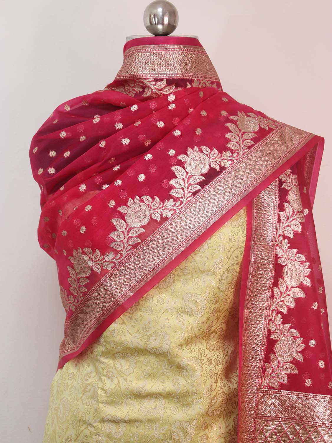 Yellow Banarasi Brocade Silk Suit With Pink Banarasi Organza Dupatta - Luxurion World
