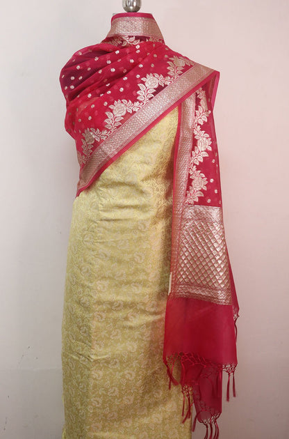 Yellow Banarasi Brocade Silk Suit With Pink Banarasi Organza Dupatta