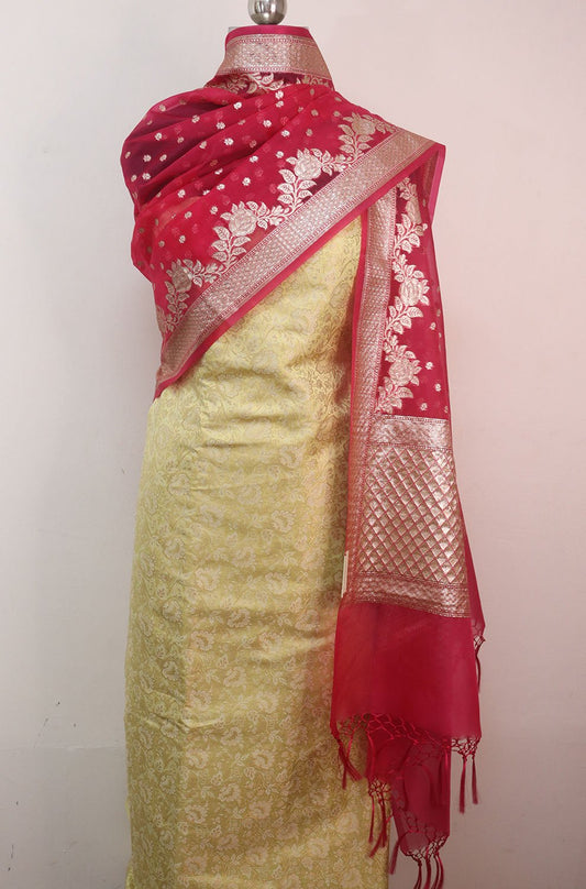 Yellow Banarasi Brocade Silk Suit With Pink Banarasi Organza Dupatta