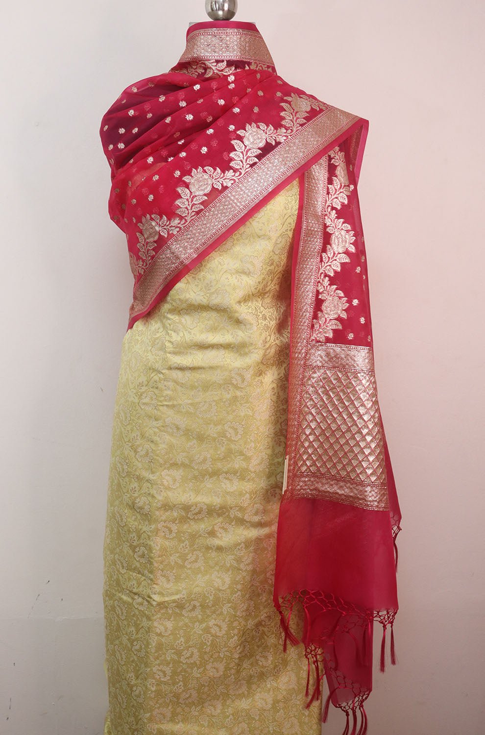 Yellow Banarasi Brocade Silk Suit With Pink Banarasi Organza Dupatta - Luxurion World
