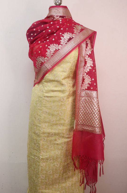 Yellow Banarasi Brocade Silk Suit With Pink Banarasi Organza Dupatta - Luxurion World