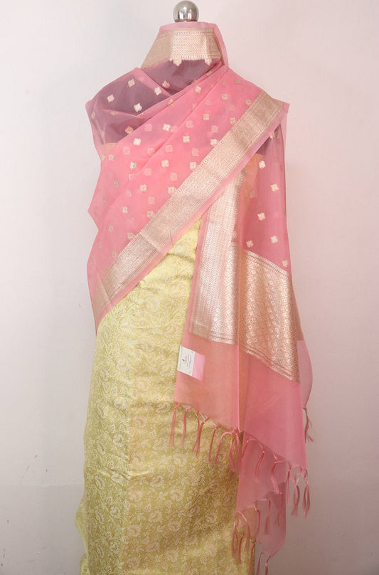 Yellow Banarasi Brocade Silk Suit With Pink Banarasi Organza Dupatta - Luxurion World
