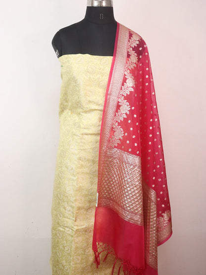 Yellow Banarasi Brocade Silk Suit With Pink Banarasi Organza Dupatta - Luxurion World