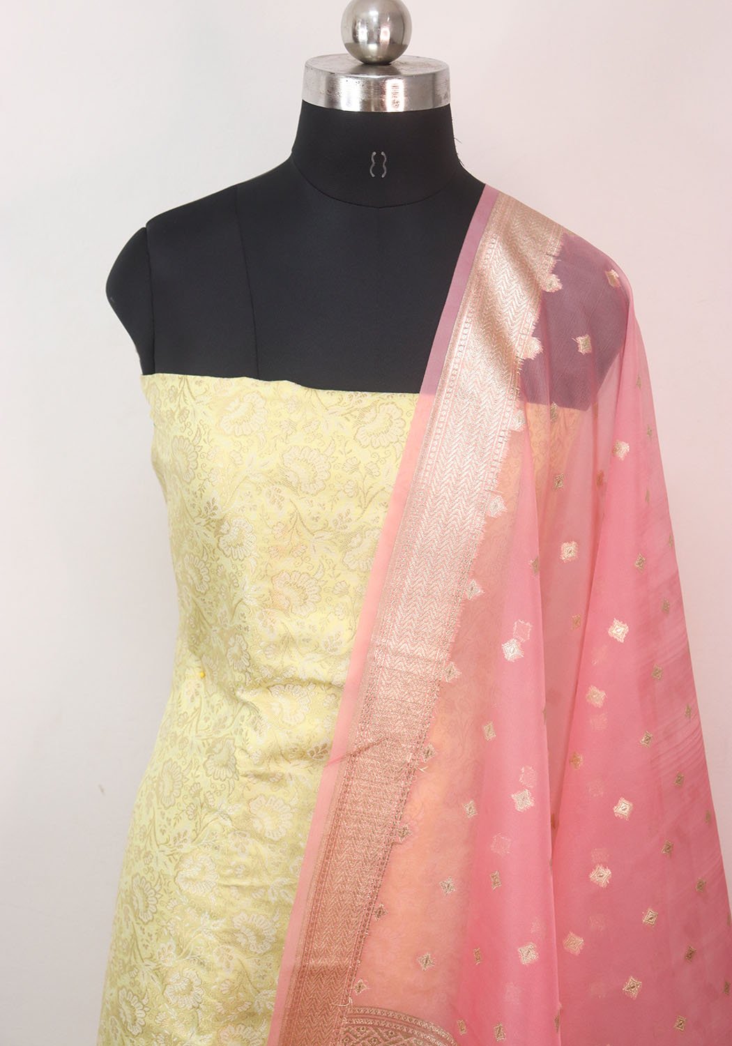 Yellow Banarasi Brocade Silk Suit With Pink Banarasi Organza Dupatta - Luxurion World