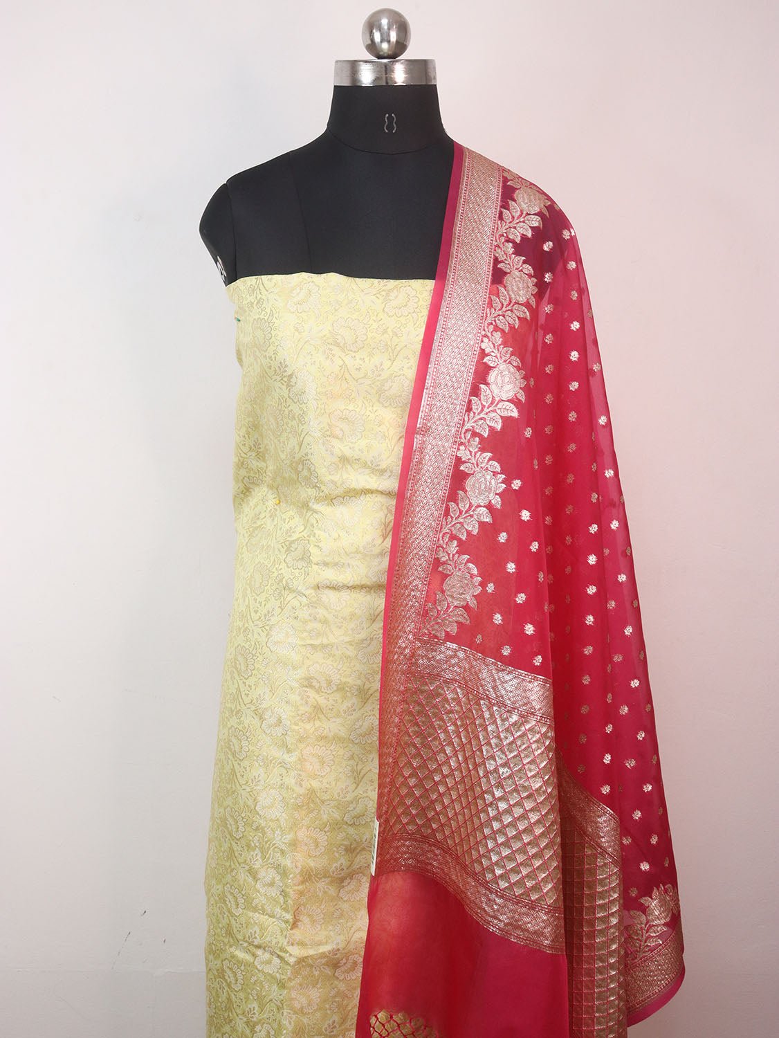 Yellow Banarasi Brocade Silk Suit With Pink Banarasi Organza Dupatta - Luxurion World