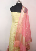 Yellow Banarasi Brocade Silk Suit With Pink Banarasi Organza Dupatta - Luxurion World
