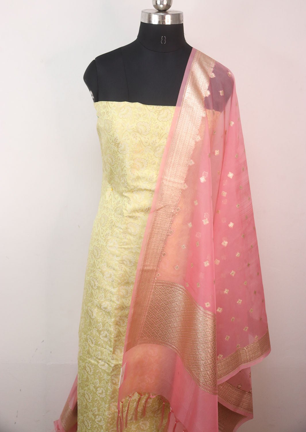 Yellow Banarasi Brocade Silk Suit With Pink Banarasi Organza Dupatta - Luxurion World