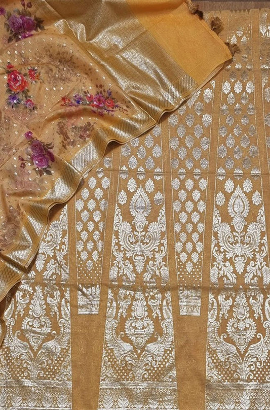 Yellow Banarasi Chanderi Silk Unstitched Lehenga Set