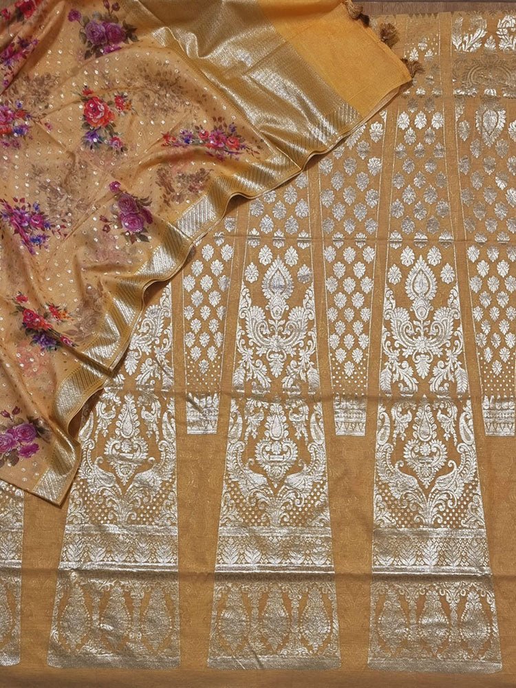Yellow Banarasi Chanderi Silk Unstitched Lehenga Set - Luxurion World