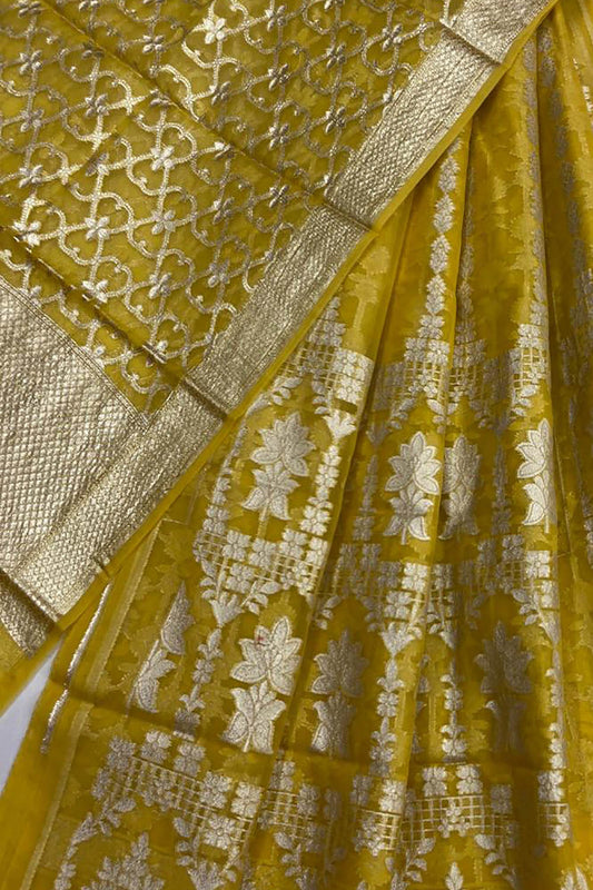 Yellow Banarasi Chanderi Silk Unstitched Lehenga Set - Luxurion World