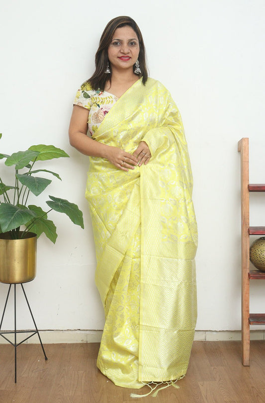Yellow Banarasi Cotton Silk Saree - Luxurion World