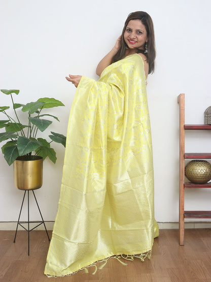 Yellow Banarasi Cotton Silk Saree - Luxurion World