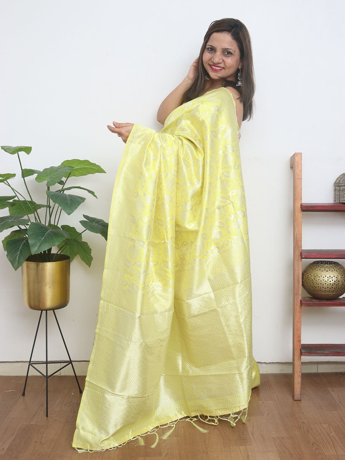 Yellow Banarasi Cotton Silk Saree - Luxurion World
