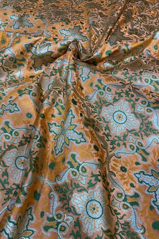 Yellow Banarasi Kimkhwab Silk Fabric  ( 1 Mtr ) - Luxurion World