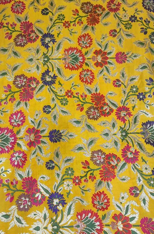 Yellow Banarasi Kimkhwab Silk Meenakari Fabric ( 1 Mtr ) - Luxurion World