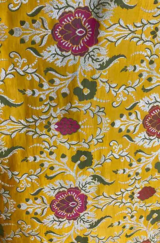 Yellow Banarasi KimKhwab Silk Meenakari Fabric ( 1 Mtr ) - Luxurion World