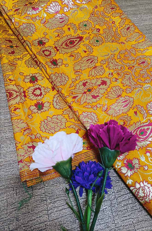 Yellow Banarasi Kimkhwab Silk Meenakari Fabric  ( 1 Mtr ) - Luxurion World