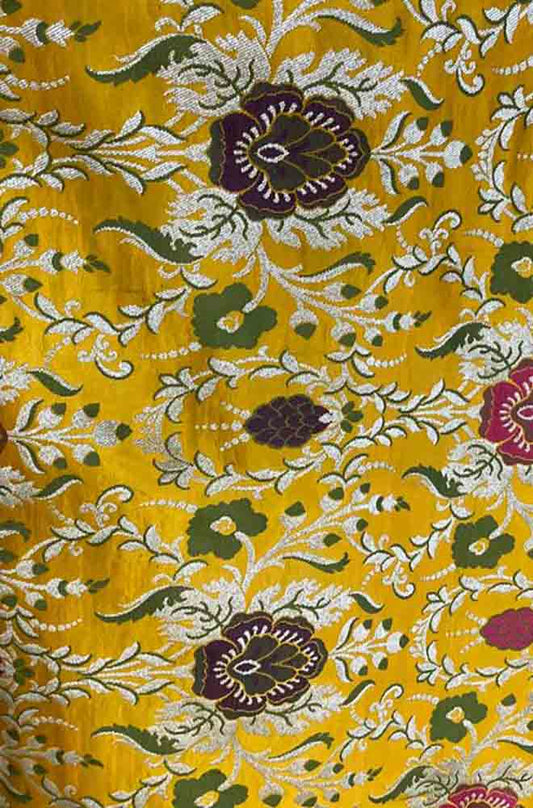 Yellow Banarasi KimKhwab Silk Meenakari Fabric ( 1 Mtr ) - Luxurion World