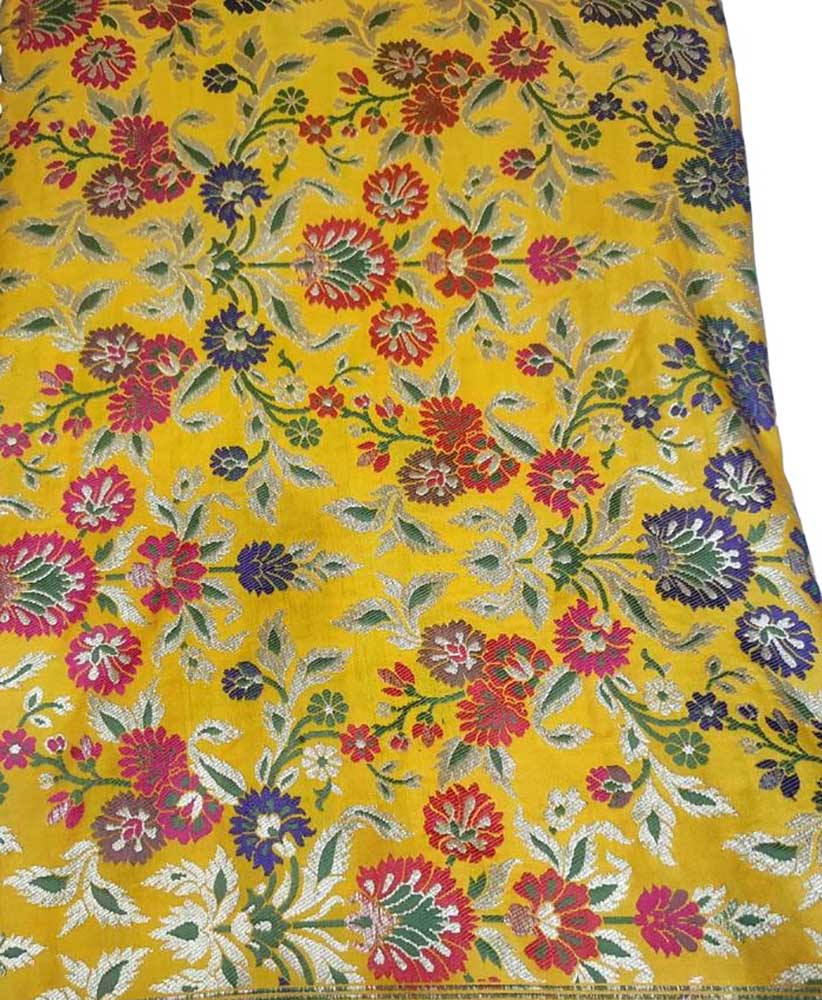 Yellow Banarasi Kimkhwab Silk Meenakari Fabric ( 1 Mtr ) - Luxurion World