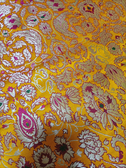 Yellow Banarasi Kimkhwab Silk Meenakari Fabric  ( 1 Mtr ) - Luxurion World