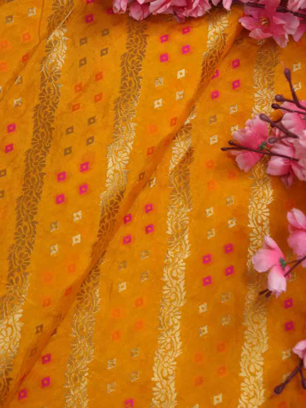 Yellow Banarasi Meenakari Bandhani Design Silk Fabric ( 1 Mtr ) - Luxurion World