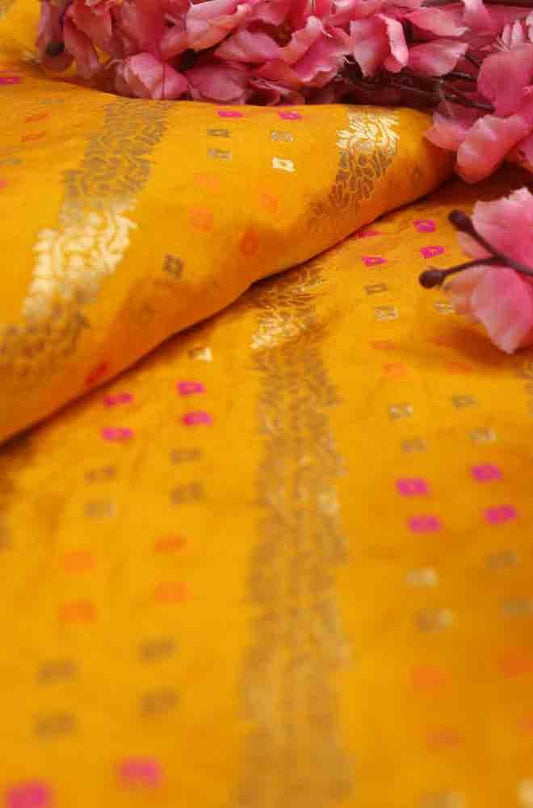 Yellow Banarasi Meenakari Bandhani Design Silk Fabric ( 1 Mtr ) - Luxurion World
