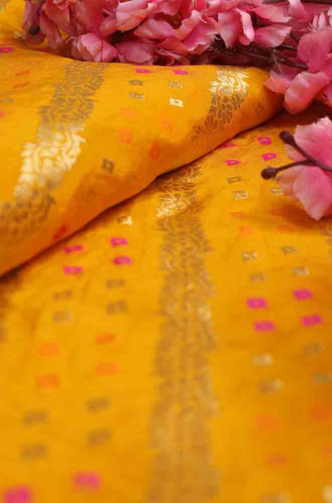 Yellow Banarasi Meenakari Bandhani Design Silk Fabric ( 1 Mtr ) - Luxurion World