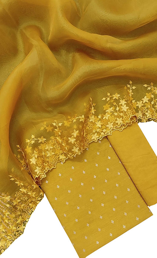 Yellow Banarasi Moonga Silk Three Piece Unstitched Suit Set