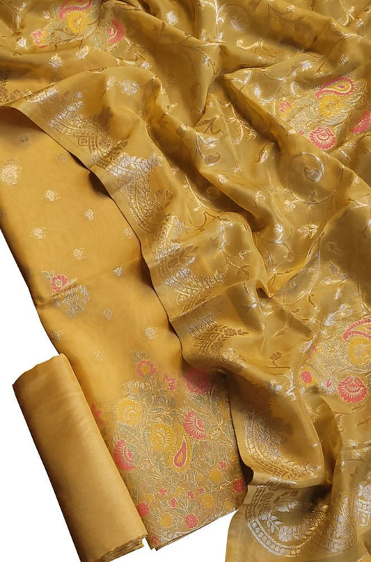 Yellow Banarasi Organza Silk Three Piece Unstitched Suit Set - Luxurion World