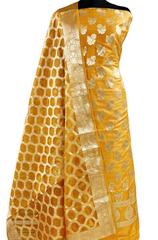 Yellow Banarasi Organza Three Piece Unstitched Suit Set - Luxurion World