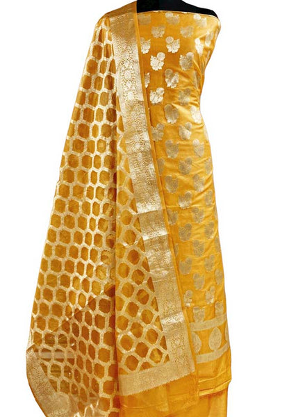 Yellow Banarasi Organza Three Piece Unstitched Suit Set - Luxurion World