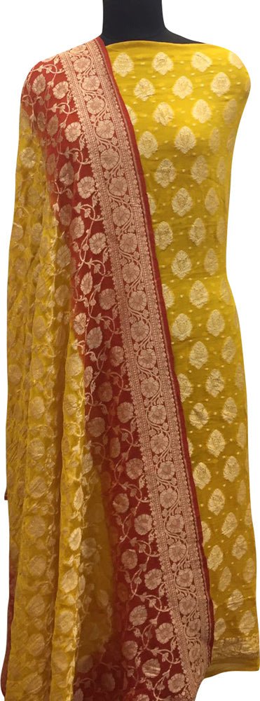 Yellow Banarasi Pure Georgette Two Piece Unstitched Leaf Design Suit Set - Luxurion World