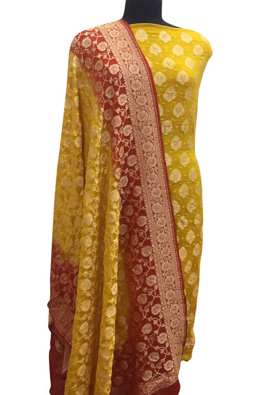 Yellow Banarasi Pure Georgette Two Piece Unstitched Leaf Design Suit Set - Luxurion World
