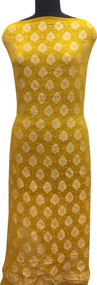 Yellow Banarasi Pure Georgette Two Piece Unstitched Leaf Design Suit Set - Luxurion World