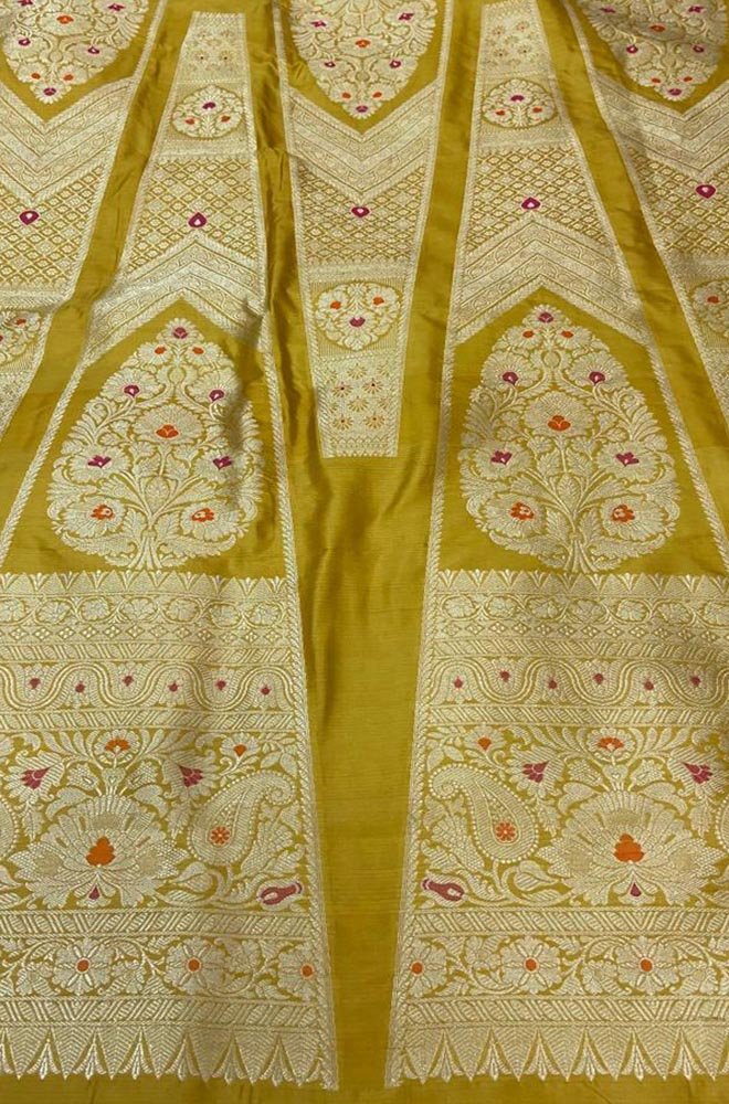 Yellow Banarasi Pure Katan Silk Unstitched Lehenga Set - Luxurion World