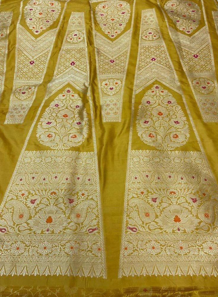 Yellow Banarasi Pure Katan Silk Unstitched Lehenga Set - Luxurion World