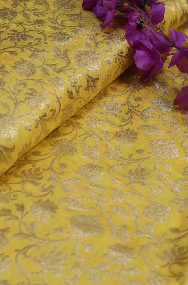 Yellow Banarasi Silk Fabric ( 1 Mtr ) - Luxurion World