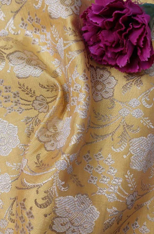 Yellow Banarasi Silk Fabric ( 1 Mtr ) - Luxurion World