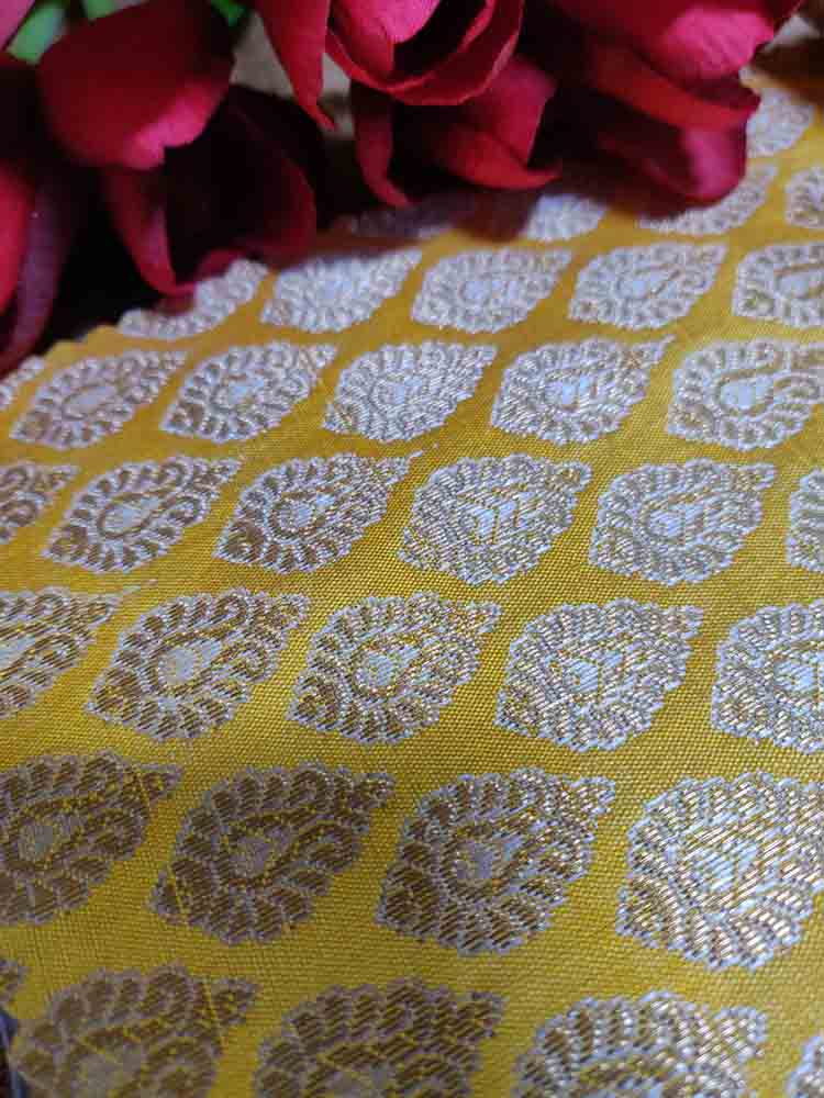 Yellow Banarasi Silk Fabric (  1 Mtr ) - Luxurion World