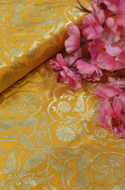 Yellow Banarasi Silk Fabric ( 1 Mtr ) - Luxurion World