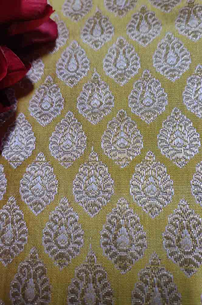 Yellow Banarasi Silk Fabric (  1 Mtr ) - Luxurion World
