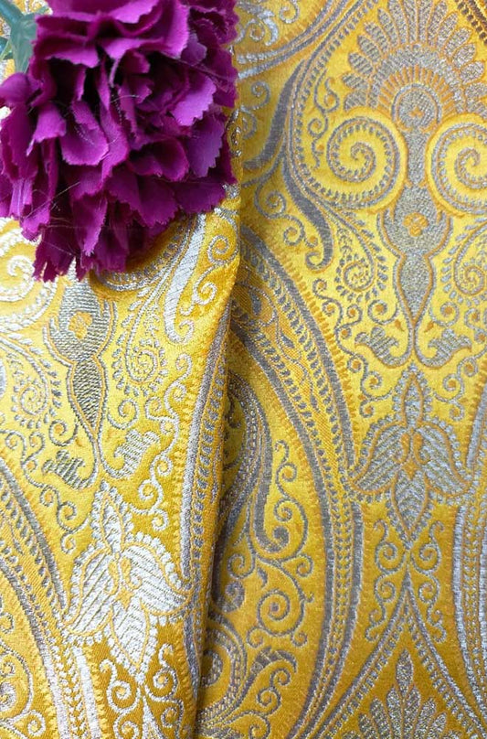 Yellow Banarasi Silk Fabric ( 1 Mtr ) - Luxurion World