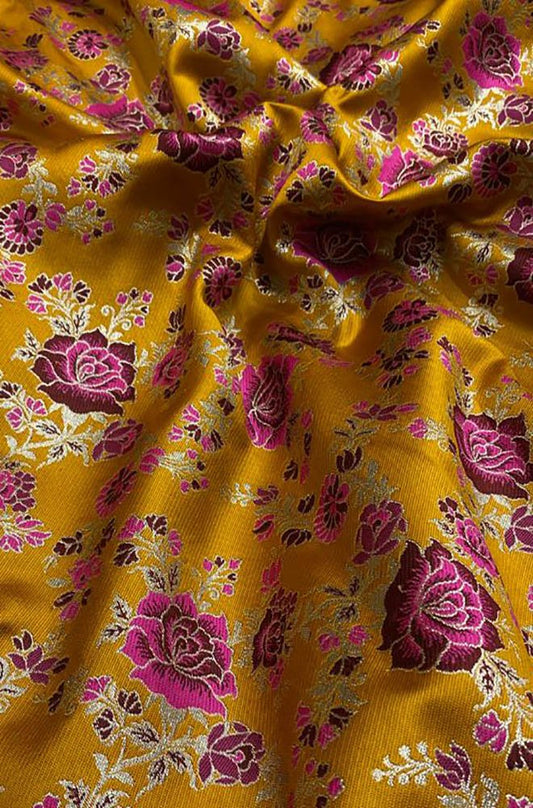 Yellow Banarasi Silk Meenakari Fabric ( 1 Mtr ) - Luxurion World