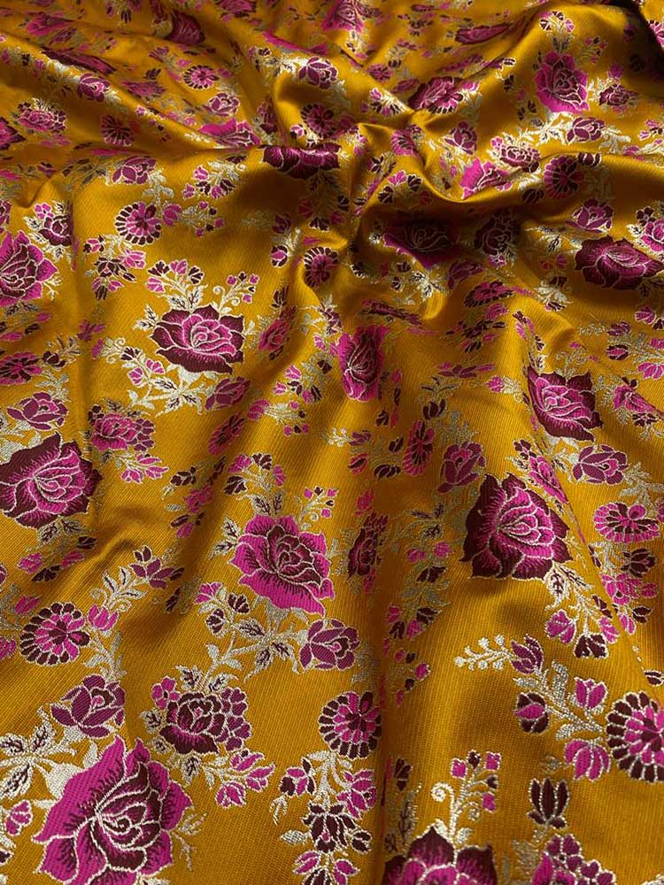 Yellow Banarasi Silk Meenakari Fabric ( 1 Mtr ) - Luxurion World