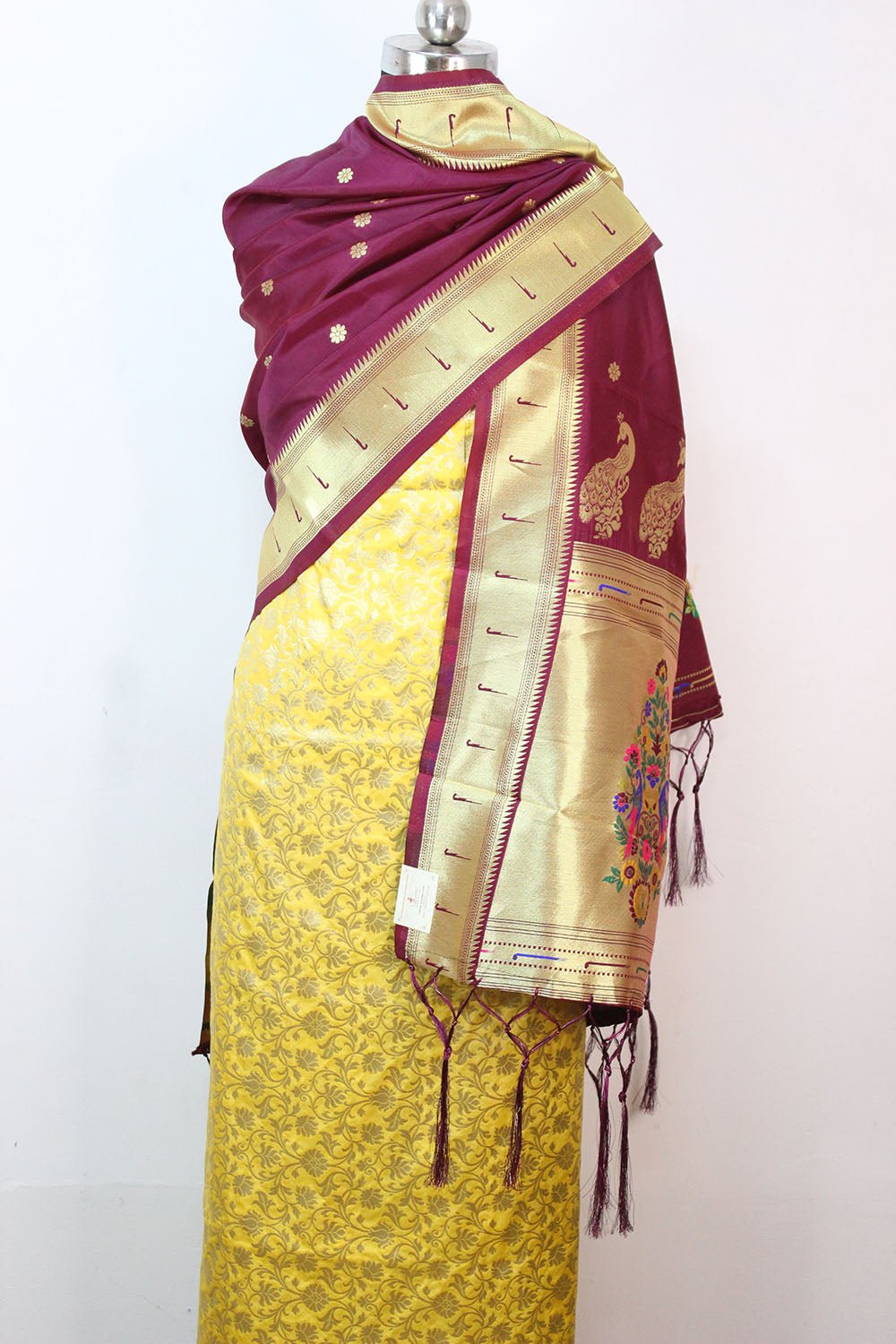 Yellow Banarasi Silk Suit With Maroon Paithani Silk Dupatta - Luxurion World