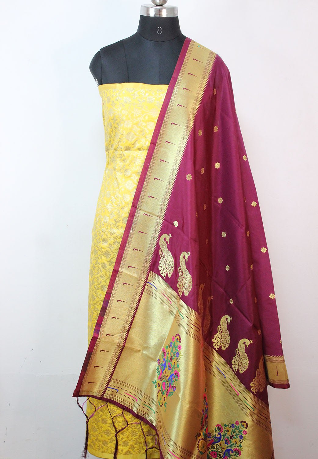 Yellow Banarasi Silk Suit With Maroon Paithani Silk Dupatta