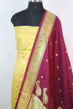 Yellow Banarasi Silk Suit With Maroon Paithani Silk Dupatta - Luxurion World